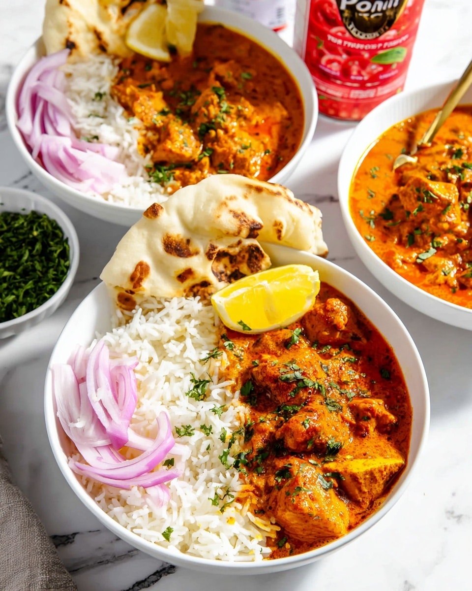 Three white bowls sit on a white marbled surface, each filled with a meal divided into two main parts. On one side, there is fluffy white rice mixed with thin slices of purple onion, fresh green parsley, and a bright yellow lemon wedge. The other side has a thick orange curry with chunks of tender meat sprinkled with more green herbs. One bowl has a piece of lightly browned naan bread placed in the curry side. In the background, there is a white bowl with green herbs and a tube and a can of strained tomatoes, both showing red tomato images and text. The scene is bright and clean. photo taken with an iphone --ar 4:5 --v 7