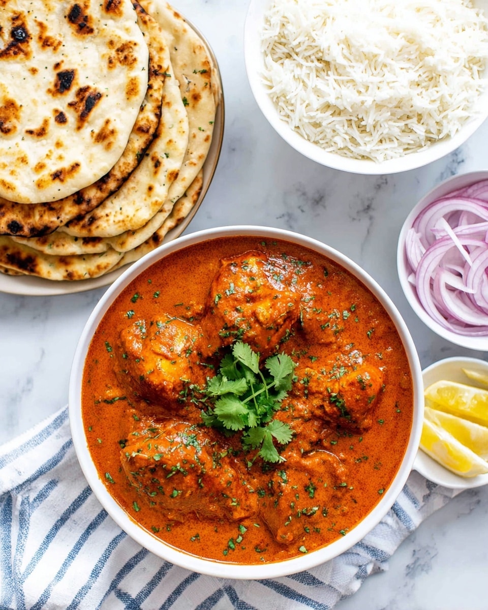 A white round bowl filled with butter chicken curry shows chunks of chicken covered in thick orange sauce, garnished with fresh green cilantro in the center and sprinkled leaves around. To the left, there is a white bowl full of cooked white rice with long grains. Near the rice is a small white bowl holding lemon wedges. Above the curry bowl are two containers of tomato products, one tall red glass bottle with a red cap labeled “Pomi Strained Tomatoes,” and next to it a small red and white tube labeled “Pomi Double Concentrate Tomato Paste.” To the right, a white bowl filled with sliced red onions is visible, and next to it is a stack of torn white flatbreads. All items are arranged on a white marbled surface with a white cloth featuring blue stripes underneath the rice. Photo taken with an iphone --ar 4:5 --v 7