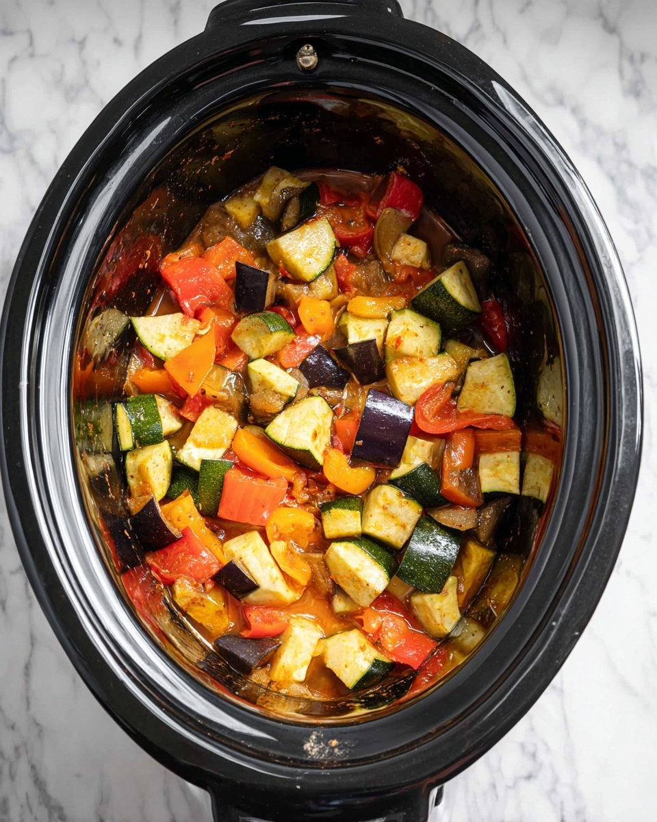 A black slow cooker filled with cooked mixed vegetables in chunks, including green zucchini pieces, dark purple eggplant cubes, bright red and yellow bell peppers, and soft red tomato chunks, all mixed together in a light sauce showing some moisture at the bottom. The vegetables have a slightly soft texture and vibrant colors, sitting inside the cooker’s shiny black round interior. The cooker is placed on a white marbled surface with part of its metal handles visible. photo taken with an iphone --ar 4:5 --v 7