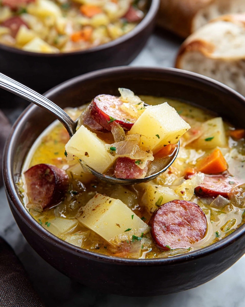 A dark bowl filled with a creamy soup, showing three main layers: large chunks of light yellow potatoes on top, slices of reddish-brown sausage mixed in the middle, and small bits of orange carrots and translucent onions scattered throughout. The soup itself is thick and yellowish, with visible herbs and black pepper sprinkled on top. A metal ladle scoops out a portion of soup, highlighting the chunky texture and rich mix of colors and ingredients. The background is a white marbled surface with a soft-focus second bowl and bread visible. photo taken with an iphone --ar 4:5 --v 7