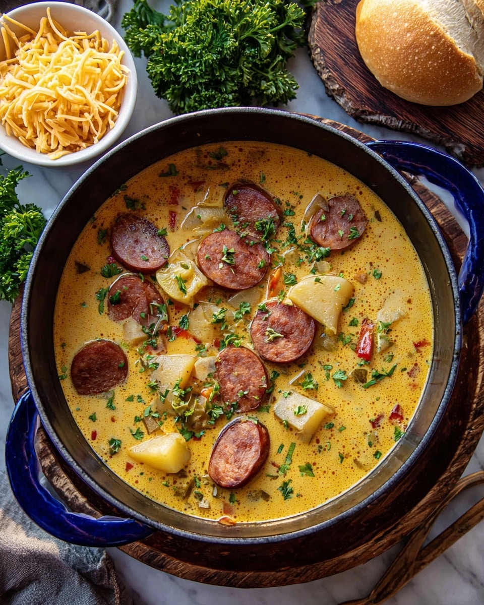 A dark pot with blue handles holds a creamy yellow soup filled with thick slices of brown sausage and chunks of white potato. Small green herb pieces are sprinkled across the surface, adding a fresh touch. The soup has a smooth, slightly thick texture with some visible bits of onion and red pepper. Around the pot, there is a pile of fresh green parsley, a white bowl of shredded yellow cheese, and a round bread roll on a wooden board, all set on a white marbled surface. photo taken with an iphone --ar 4:5 --v 7