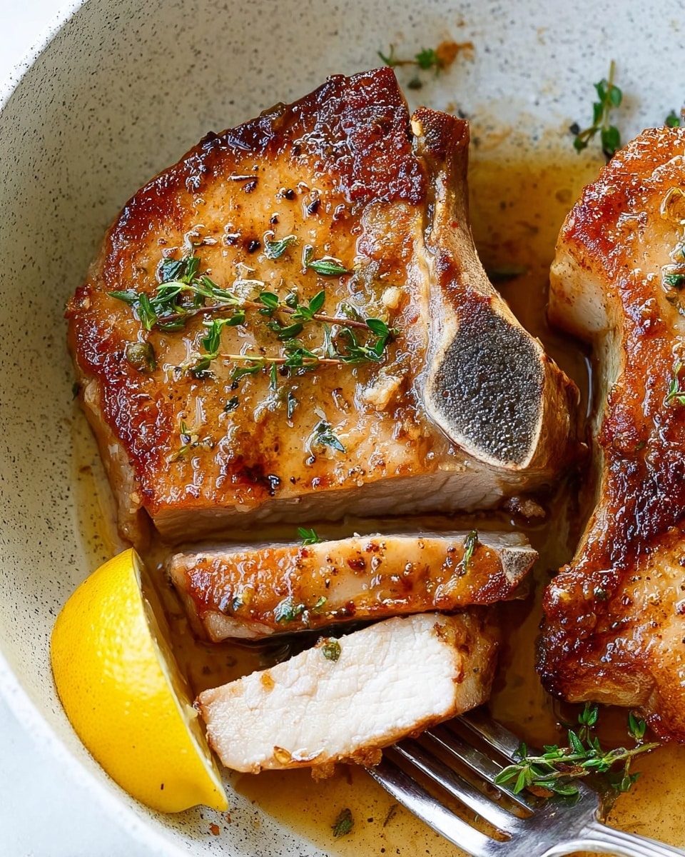 The image shows a close-up of two thick pork chops cooked to a golden brown with a slightly crispy edge, placed on a white speckled pan. One pork chop is whole, topped with small green herb leaves, and the other is partially sliced into three pieces, revealing a juicy, light brown inside. A silver fork holds one slice of the pork, with hints of a brown sauce around the meat. A bright yellow lemon wedge sits near the bottom left corner of the pan. The background is a white marbled texture photo taken with an iphone --ar 4:5 --v 7
