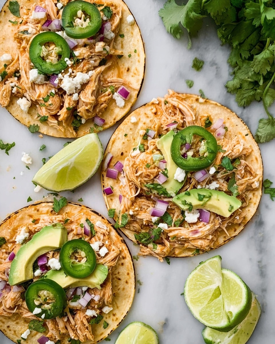 Three small tortillas lie on a white marbled surface, each topped with several layers. The base layer on each tortilla is shredded cooked chicken with a light reddish tint, spread evenly. On top of the chicken, there are small pieces of white cheese scattered, mixed with tiny bits of chopped purple onion and green cilantro leaves. Each tortilla has two or three sliced green jalapeño rings and a few chunks of pale yellow avocado. Lime wedges are placed around the tortillas, adding a fresh touch. A sprig of green cilantro is visible near the top right of the image. Photo taken with an iphone --ar 4:5 --v 7