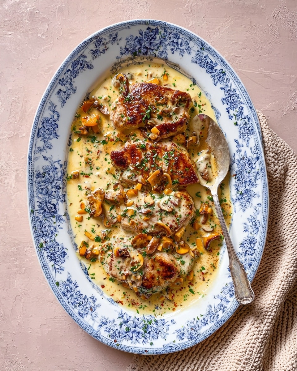 The image shows four pieces of golden-brown cooked chicken on top of a creamy sauce. The sauce is pale yellow with swirls of orange oil and small green herb bits scattered all over. The chicken has a slightly crispy texture with charred spots. The edges of the sauce have small brown chunks mixed in, and the overall scene is inside a black pan. The background is a white marbled texture. photo taken with an iphone --ar 4:5 --v 7