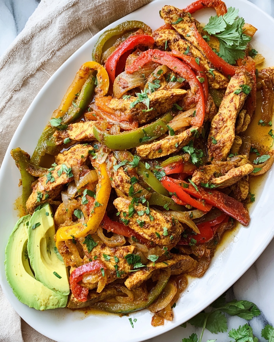 This dish features a white oval plate filled with strips of spiced chicken cooked to a warm brown color, mixed with sautéed onion slices and long strips of red, green, and yellow bell peppers. The chicken and veggies are layered together with a light sauce pooling slightly at the bottom, and fresh green cilantro leaves scattered on top. Two slices of bright green avocado rest on the near edge of the plate, adding a fresh contrast. The plate sits on a white marbled surface with a beige cloth partially visible in the corner. Photo taken with an iphone --ar 4:5 --v 7