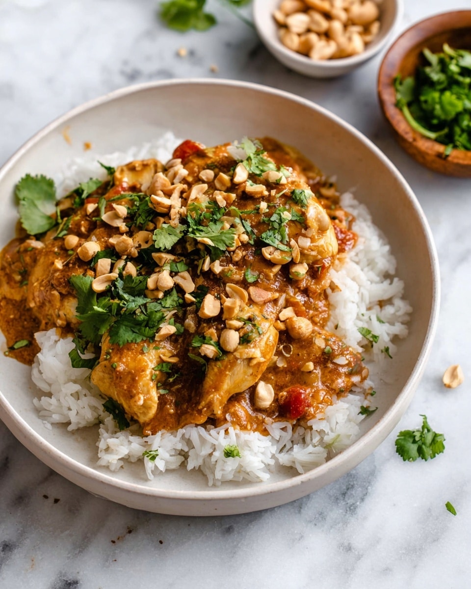 A white bowl holds a base layer of fluffy white rice. On top, there are pieces of cooked chicken covered in a thick orange-brown sauce with visible small bits of tomato and herbs. Scattered over the chicken and sauce are chopped peanuts and fresh green cilantro leaves, adding texture and color contrast. The bowl is placed on a white marbled surface, with small bowls of peanuts and chopped cilantro nearby. Photo taken with an iphone --ar 4:5 --v 7