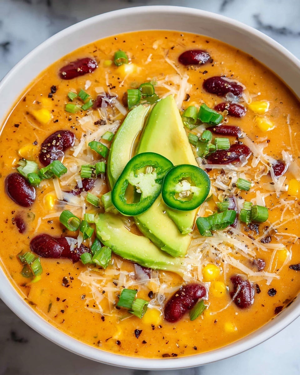 The dish is a creamy orange soup served in a white bowl, showing a thick texture filled with yellow corn kernels and dark red kidney beans scattered evenly throughout. On top, there are thin slices of green avocado arranged in the center, surrounded by sliced green jalapeños and sprinkled white cheese that looks partly melted. Small pieces of chopped green onions and black ground pepper are scattered around, adding color and texture contrast. The bowl rests on a white marbled surface. photo taken with an iphone --ar 4:5 --v 7