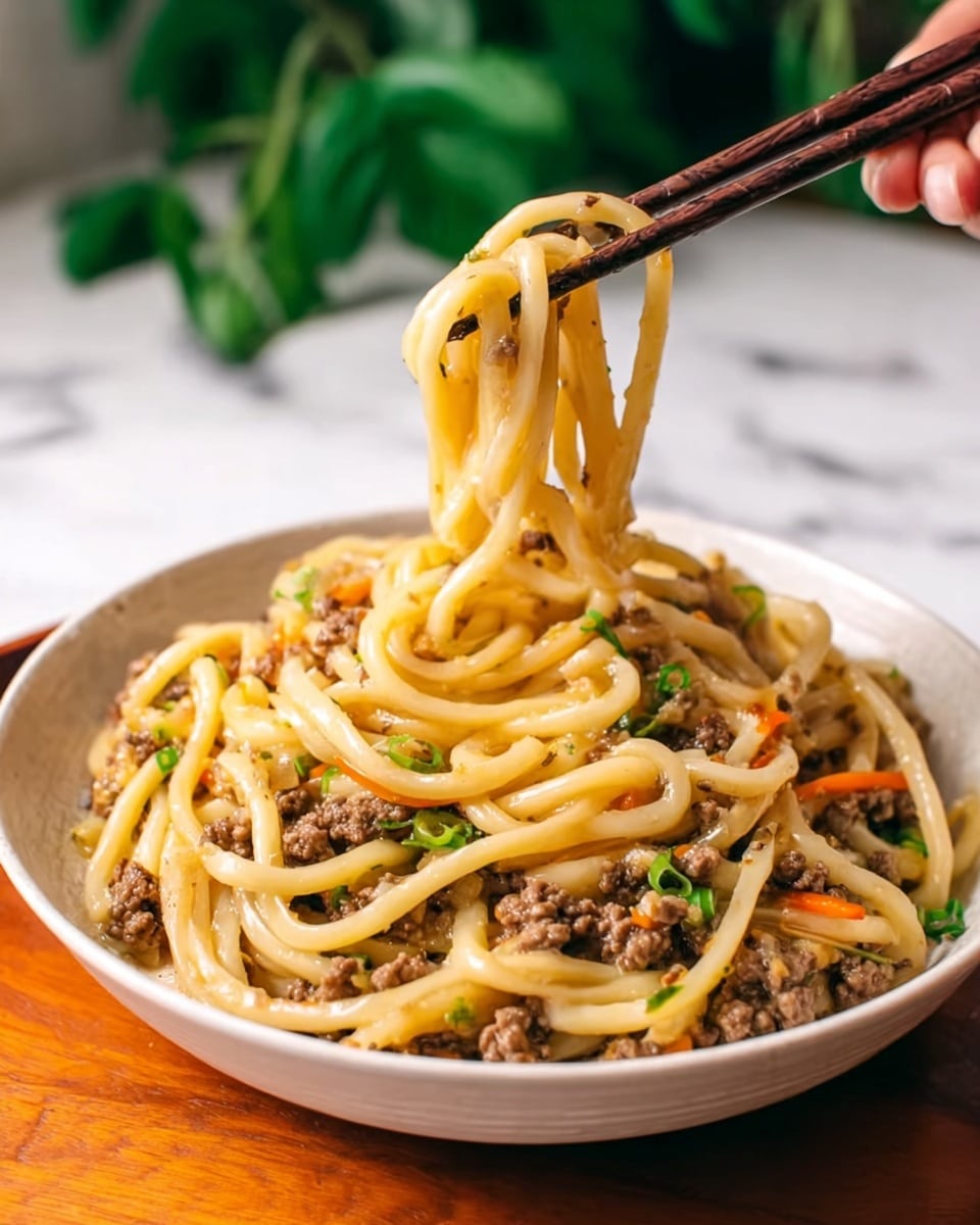 The image shows a close-up of a bowl of noodles in one layer, placed inside a white bowl. The noodles are thick and coated with a reddish-brown spicy sauce, making them glisten. Scattered throughout are small green veggie pieces and white sesame seeds on top, adding texture and color contrast. The bowl sits on a smooth white marbled surface. Photo taken with an iphone --ar 4:5 --v 7