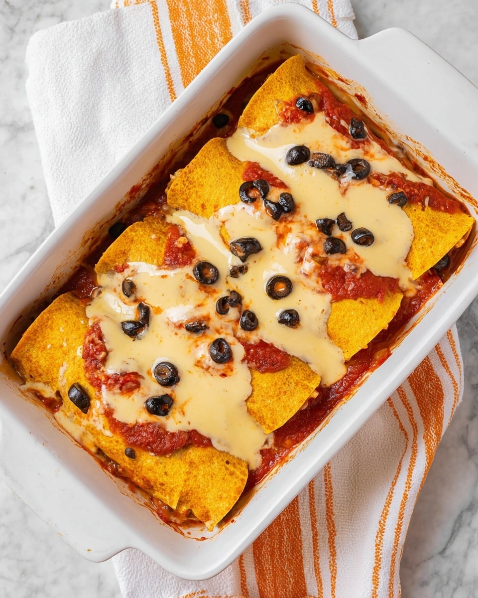 The image shows an orange-brown baked dish with two layers of enchiladas. The base layer is a rich red sauce visible around the edges and between layers. The enchiladas have a smooth, creamy yellow sauce spread unevenly on top, with small black olive pieces sprinkled over it. One serving is placed on a white plate, showing the soft texture and folded edges of the enchiladas, while the rest are in a white baking dish with a metal spatula lifting a portion. The setting is on a white marbled surface with a white cloth and silver fork beside the plate. Photo taken with an iphone --ar 4:5 --v 7