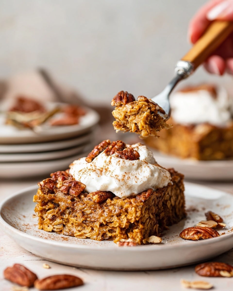 A close-up view of two square pieces of baked oatmeal on a white plate, each piece showing a rough, textured surface with visible oats and chopped pecans mixed inside. The oatmeal is golden brown with darker spots where it has baked. On top of the front piece is a dollop of white whipped cream sprinkled with cinnamon and more pecan chunks. A fork with a wooden handle is held by a woman's hand, scooping a bite from the front piece, lifting a mix of whipped cream and oatmeal. The plate sits on a stack of similar white plates, all on a white marbled surface. Scattered pecans and oats are visible around the plates. photo taken with an iphone --ar 4:5 --v 7
