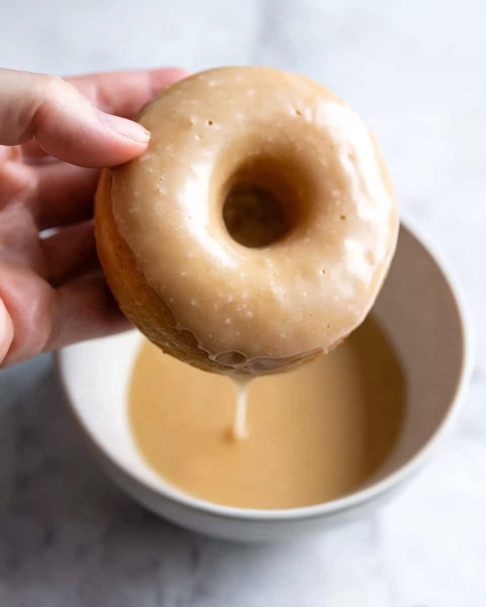 The image shows a stack of three round doughnuts with a light brown glaze that appears smooth and slightly shiny. The top doughnut has a bite taken out of it, revealing a soft, moist, and spongy inside with a darker brown color. Each doughnut has a similar thick glaze dripping slightly over the edges. The background features a white marbled texture, and a few more doughnuts are blurred in the background. photo taken with an iphone --ar 4:5 --v 7