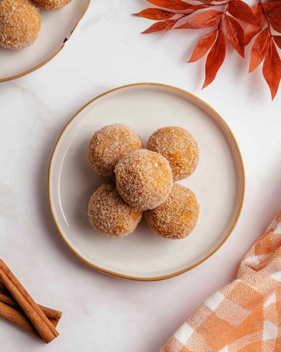 A white plate with a thin gold rim is centered on a white marbled surface, holding five round, golden-brown balls covered evenly in a grainy cinnamon sugar coating. The balls are placed close together, forming a small pile in the middle of the plate. To the left, part of another white plate with a gold rim shows more of the same cinnamon sugar balls. In the top right corner, reddish-orange dried leaves add a soft, warm color contrast, while two cinnamon sticks lay near the bottom left corner. An orange and white checkered cloth is partially visible on the right side of the frame. Photo taken with an iphone --ar 4:5 --v 7