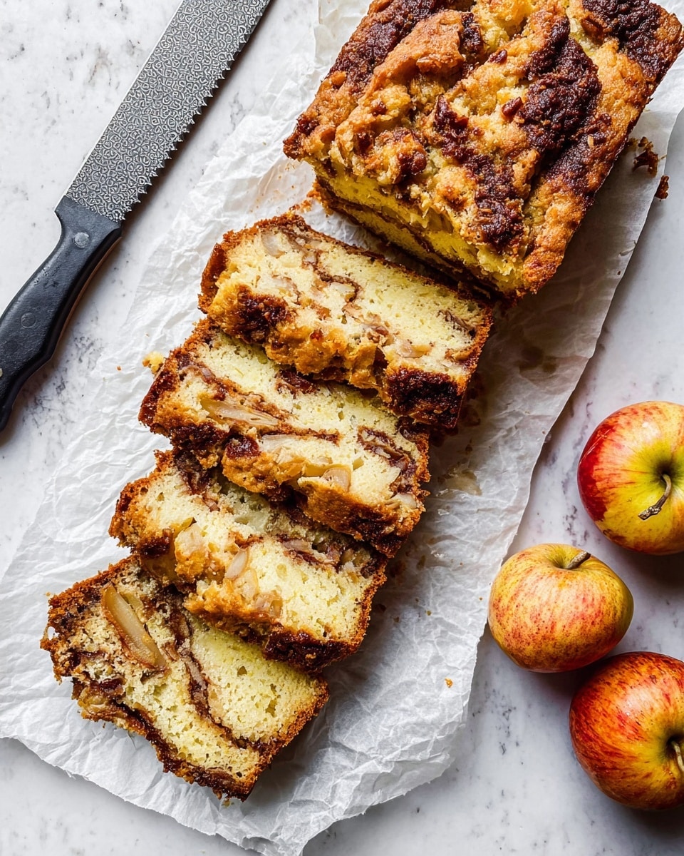 The image shows a close-up of two thick slices of a light-colored cake with a soft, moist texture and swirls of dark brown cinnamon. The top layer has large chunks of apple and a crumbly dark cinnamon sugar topping spreading unevenly across the surface. The cake rests on a white plate with a wooden serving board underneath, placed on a white marbled surface. Crumbs are scattered around the slices adding a rustic touch. Photo taken with an iphone --ar 4:5 --v 7