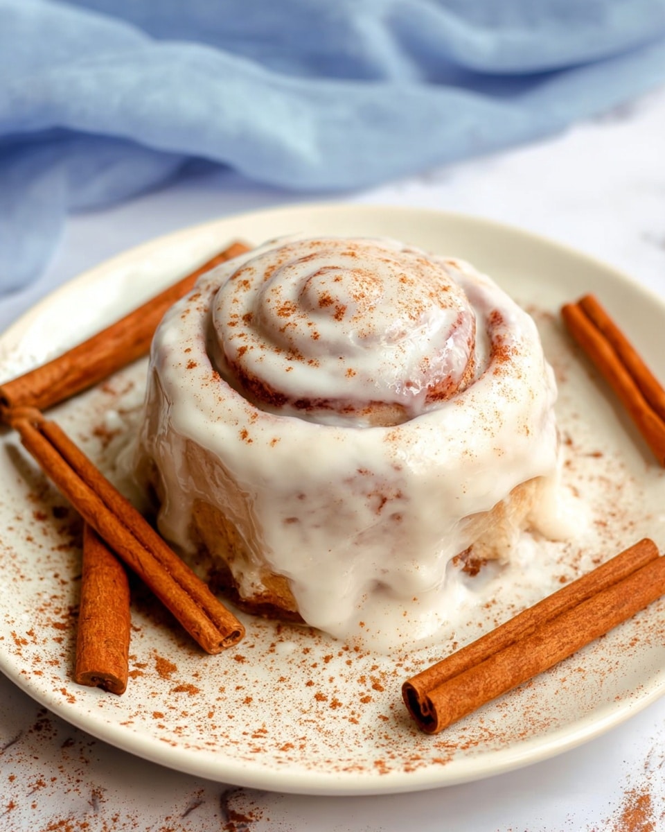 A single cinnamon roll sits in the center of a white plate, covered in thick, smooth white icing that drapes over its soft, brown dough layers, which are visible beneath the glaze. The icing features a slight spiral pattern on top, with a dusting of cinnamon powder adding a light brown texture across the surface. Surrounding the cinnamon roll, four whole cinnamon sticks rest on the plate, placed evenly around it in a loose circle. The plate is set against a white marbled background with a hint of a soft blue fabric nearby. Photo taken with an iphone --ar 4:5 --v 7