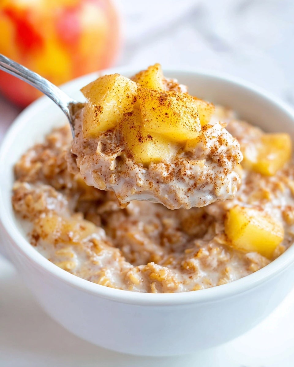 A close-up photo of a white bowl filled with a creamy oatmeal dish with soft, light brown oatmeal mixed with yellow apple chunks sprinkled evenly with cinnamon powder, giving a warm speckled look. A spoon is lifting a scoop of the oatmeal and apple mix, showing the moist, thick texture with small cinnamon specks all over the oatmeal and on the apple piece on the spoon. The background features a soft and blurred white marbled surface and warm colors from an apple. Photo taken with an iphone --ar 4:5 --v 7