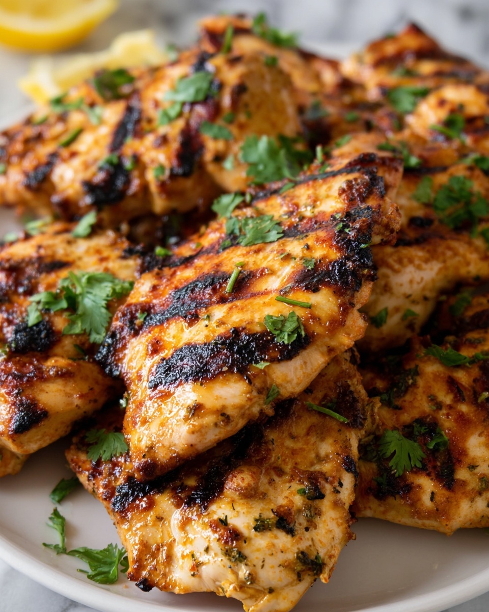 A close-up view of many grilled chicken pieces with dark grill marks and charred edges arranged closely on a white plate. The chicken has a golden, slightly orange color with visible herbs and spices on the surface. Fresh green cilantro leaves are scattered on top of the chicken. A small part of a lemon wedge is seen in the top left corner. The plate is on a white marbled surface. photo taken with an iphone --ar 4:5 --v 7