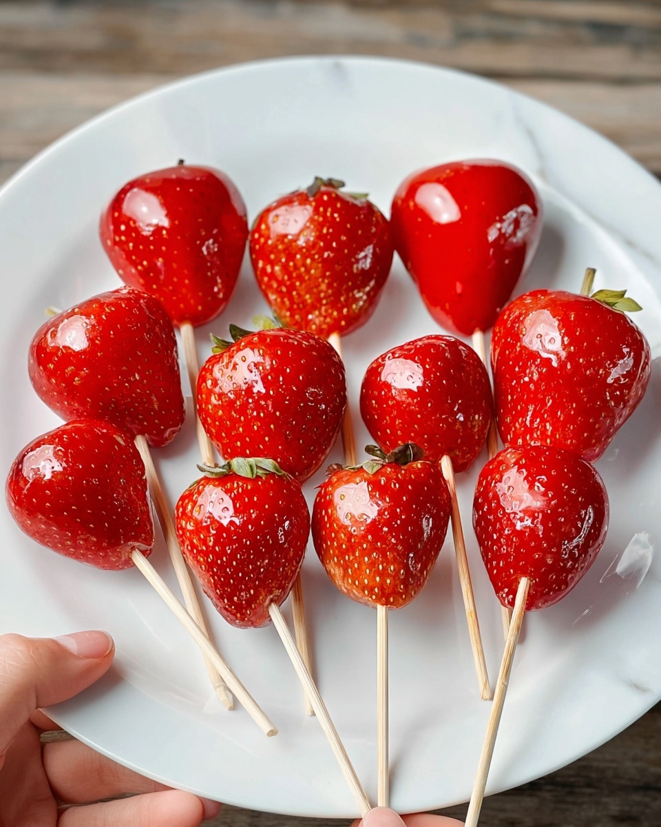 How to Make Tanghulu (Candied Fruit) Recipe 5 A white plate on a white marbled surface holds eleven shiny red strawberries, each covered in a smooth, glossy candy coating that reflects light. Most strawberries are stacked in pairs on wooden sticks, showing two red globes on each stick with the candy shell making them appear thick and glass-like. Two single strawberries are also on sticks, one with a small bamboo loop at the top. The strawberries have a vibrant, fresh red color with tiny seeds visible beneath the transparent, hard candy layer. A woman's hand holds the plate from the right side. Photo taken with an iphone --ar 4:5 --v 7
