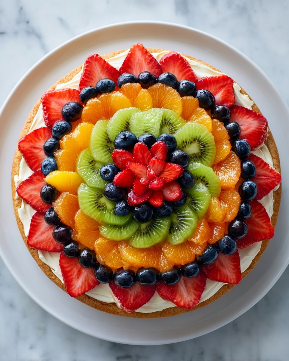 A round fruit tart with five layers of fruit arranged in circles on top of a creamy white base, all on a white plate. The outermost layer has large red strawberry slices, followed by a ring of small dark blueberries, then a layer of bright green kiwi slices with visible black seeds. Inside that is a circle of orange mandarin pieces, next is another ring of blueberries, and then a layer of light green grapes. At the center, there are strawberry pieces shaped like a flower. The tart sits on a white marbled surface. Photo taken with an iphone --ar 4:5 --v 7