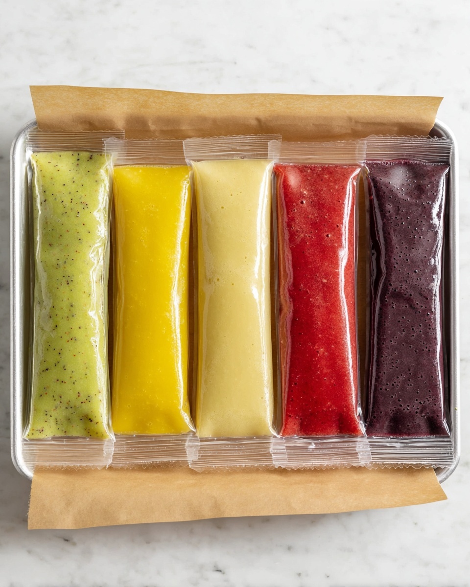 Five long clear plastic pouches filled with different colored smoothies are laid side by side on a white tray lined with brown parchment paper. From left to right, the colors are light green with specks, bright yellow, pale creamy yellow, red with small bubbles, and dark purple with a smooth texture. The tray sits on a white marbled surface. photo taken with an iphone --ar 4:5 --v 7