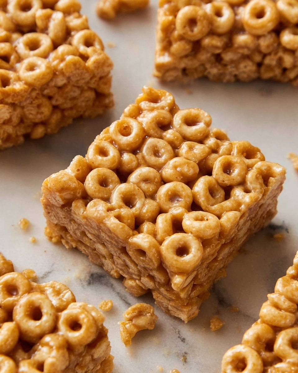 Peanut Butter Cheerio Bars Recipe 5 A close-up of a stack of three rectangular cereal bars made of small round honey-coated cereal pieces tightly packed together, forming a textured, golden-brown block. The bars have a chewy and slightly shiny surface, showing the round cereal loops with visible small holes. They are placed on a light brown paper on a white marbled surface, with some blurred cereal bars in the background. The photo taken with an iphone --ar 4:5 --v 7