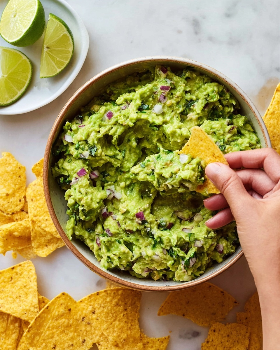 A yellow bowl filled with chunky green guacamole mixed with bits of purple onion and darker green herbs, with a silver spoon resting inside at the front. The bowl sits on a round white plate holding scattered yellow tortilla chips with a toasted pattern on top, and a small wooden bowl on the upper left holds several lime wedges. A squeezed lime half is visible near the bottom right edge of the plate. The whole setup is on a white marbled surface. photo taken with an iphone --ar 4:5 --v 7
