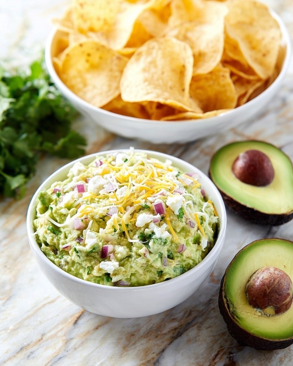 Small white tortilla cups shaped like flowers are filled with two layers: a smooth, light green guacamole base topped with a mix of shredded white and yellow cheese with small white crumbles sprinkled over. The cups are placed on a wood-textured surface, with five cups visible, the front cup in clear focus and the others softly blurred in the background. The scene looks fresh with bright natural light highlighting the creamy and slightly chunky texture of the guacamole and the fine texture of the cheese photo taken with an iphone --ar 4:5 --v 7