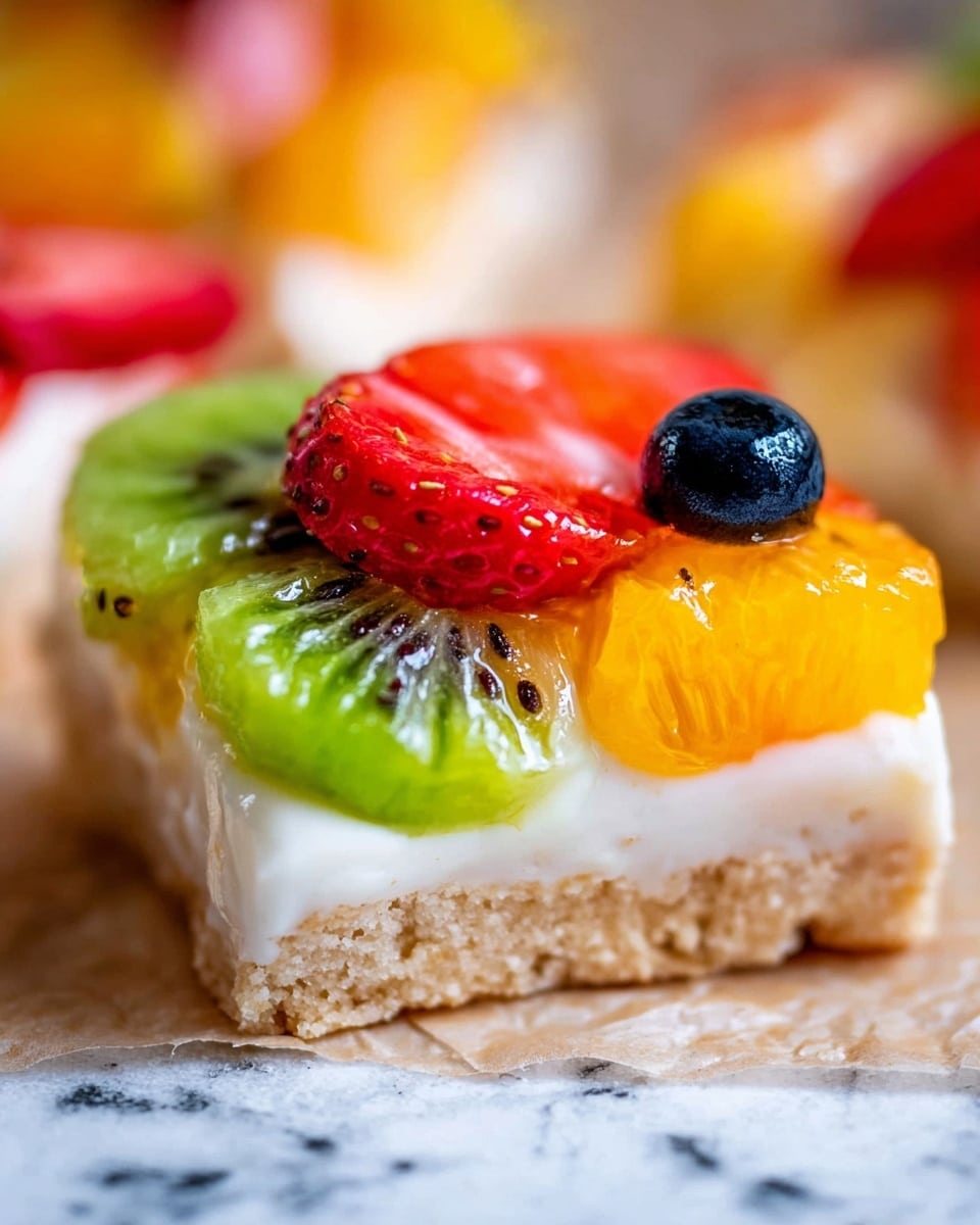 Sugar Cookie Fruit Pizza Recipe 5 A close-up image of a small square tart resting on crinkled parchment paper on a white marbled surface. The tart has three visible layers: a light brown crumbly base, a smooth white creamy middle layer, and a colorful top layer made of different fruits. On the top, from left to right, there are slices of bright green kiwi with black seeds, a shiny red strawberry piece with visible texture, a couple of small dark blue blueberries, and a small section of glossy bright orange fruit, likely peach or mandarin. The focus is sharp on the front part of the tart, showing detail in the crumb and fruit textures, with a soft blurred background. photo taken with an iphone --ar 4:5 --v 7