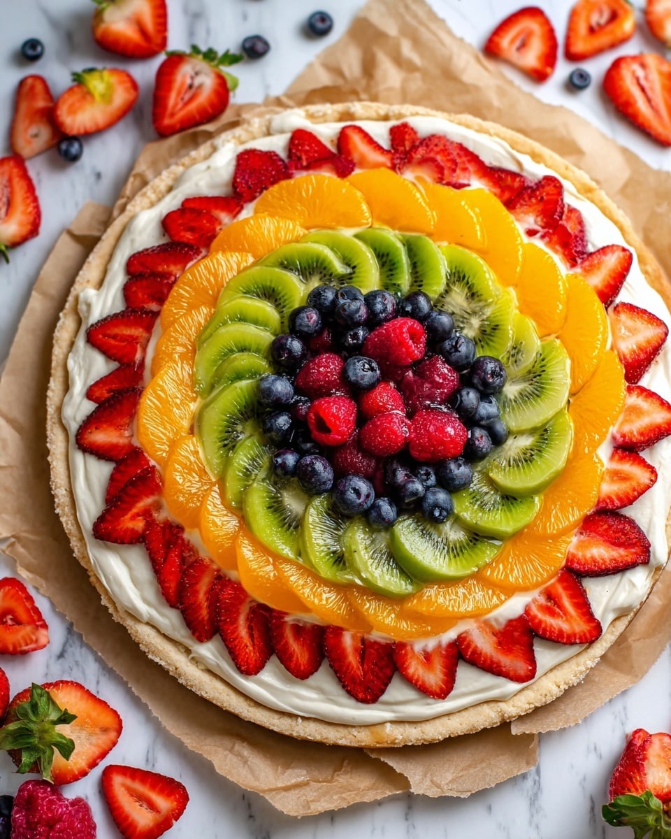 Sugar Cookie Fruit Pizza Recipe 6 The image shows a slice of fruit tart with three clear layers. The bottom layer is a light golden crust with a slightly crumbly texture. On top of the crust is a thick, smooth white cream layer. The top layer is made of neatly arranged fresh fruit slices: bright red strawberry halves, green kiwi slices with seeds, shiny orange mandarin segments, and small round dark blue blueberries that add pops of color. The slice is placed on a white marbled surface, and some extra blueberries and strawberry halves are scattered nearby. A shiny metal spatula rests partly under the tart slice, and the whole scene is brightly lit. Photo taken with an iphone --ar 4:5 --v 7
