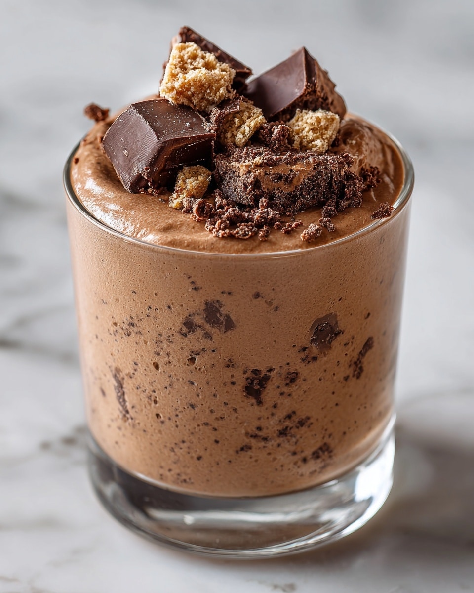 This image shows a short clear glass filled with a thick, creamy chocolate mousse that nearly spills over the top. The mousse has a smooth texture with small darker chocolate specks throughout. On top, there are several pieces of broken chocolate and cookie bits scattered, adding a crunchy texture contrast. The glass sits on a white marbled surface. Photo taken with an iphone --ar 4:5 --v 7