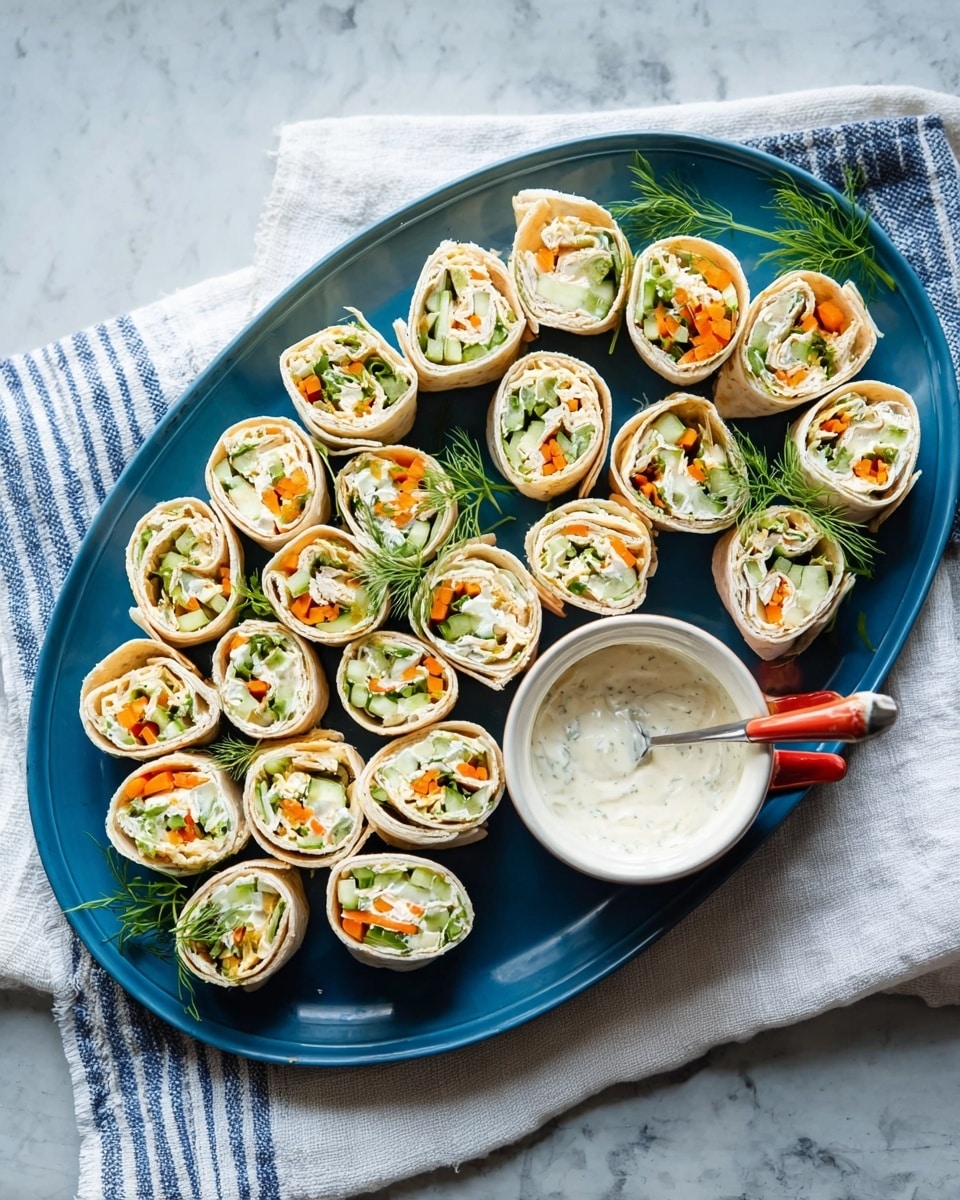 There is a large blue oval plate with about seventeen small wrap pinwheels evenly placed in neat rows. Each pinwheel has visible layers including a light beige tortilla wrap on the outside and colorful fillings of white cheese or cream, green cucumber or broccoli, orange carrot slices, and some fresh green herbs like dill inside. On the right side of the plate, there is a small white bowl with two red handles, filled with a creamy white dip, with a spoon resting inside it. The background has a white marbled texture, and a white cloth with blue stripes is underneath part of the plate. Photo taken with an iphone --ar 4:5 --v 7