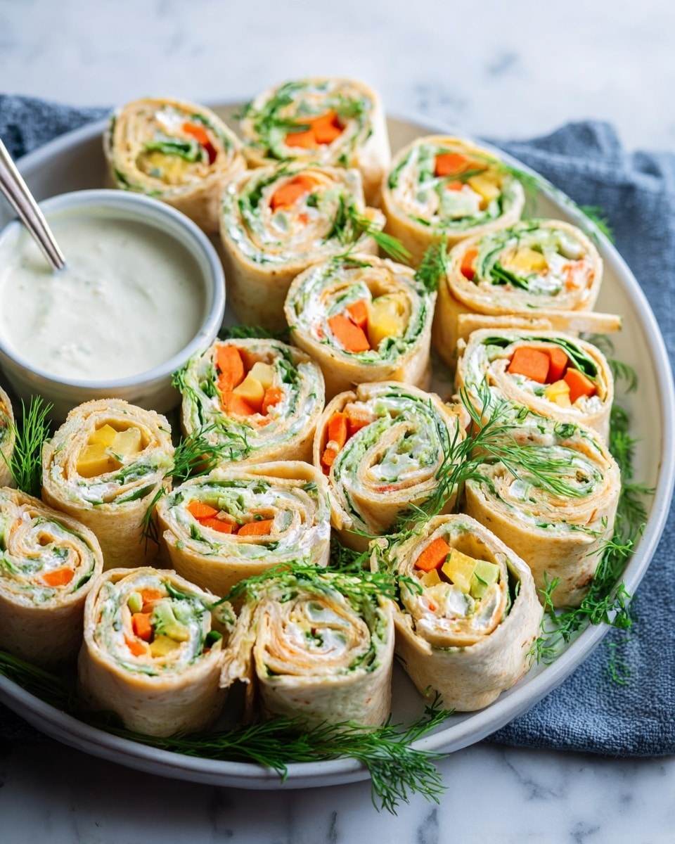 Veggie Roll Ups Recipe 6 Several small tortilla wraps are sliced into rounds and arranged closely on a brown wooden board. Each round shows clear layers of white tortilla, light beige thin turkey slices, bright green leafy lettuce, and thick red tomato slices. A woman's hand is gently holding one wrap on the left side. The board rests on a blue, white, and green striped kitchen towel, with a white marbled surface underneath. There are small sprinkles of salt on the board. photo taken with an iphone --ar 4:5 --v 7