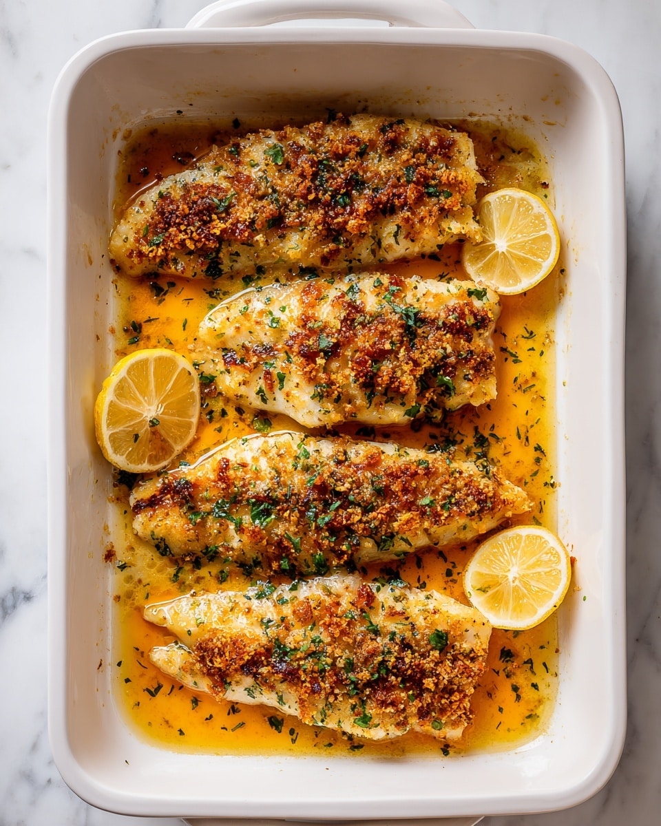 The image shows a white rectangular baking dish filled with four cooked fillets of fish, each with a golden-brown crust and sprinkled with small bits of crispy seasoning and herbs. The fish is partially covered with orange-brown oily sauce that pools around the edges and bubbles slightly. Two lemon wedges with bright yellow skin and pale juicy flesh rest near the top right and bottom left corners inside the dish. The dish is placed on a white marbled surface, and the overall scene is brightly lit with soft shadows. photo taken with an iphone --ar 4:5 --v 7
