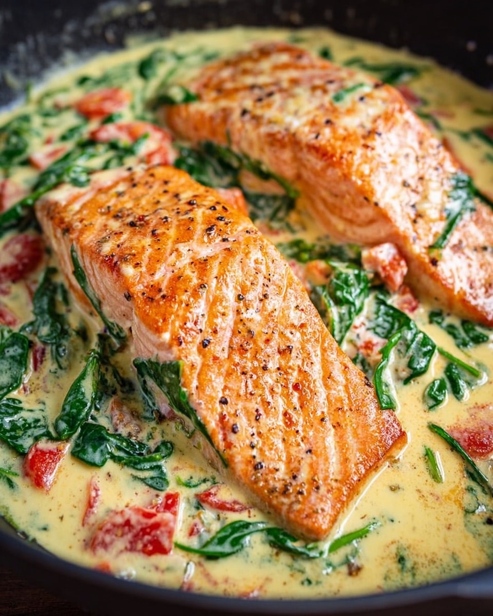 Two thick, orange salmon fillets with light grill marks sit in a creamy sauce filled with bright green spinach leaves and small red tomato pieces. The creamy sauce is light yellow with black pepper flakes mixed in, covering the salmon and filling the pan. The pan has a dark inside, contrasting the colors of the food. The sauce looks smooth and thick, and the spinach leaves are fresh and soft. The image is close up, showing the texture of the salmon's cooked surface covered in the creamy sauce. photo taken with an iphone --ar 4:5 --v 7