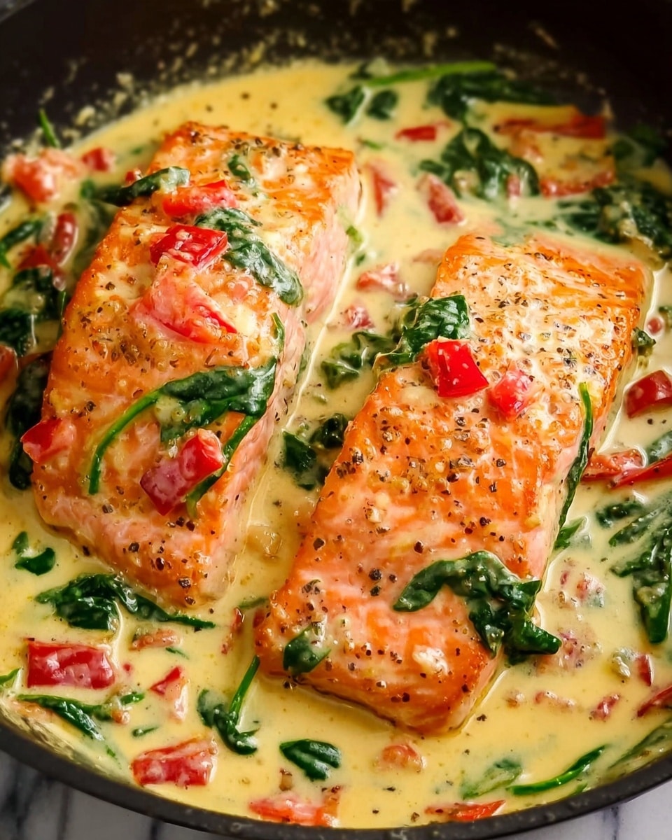 Salmon in Roasted Pepper Sauce Recipe 6 A close-up of a creamy sauce layered over a piece of cooked salmon. The salmon is orange with a slightly browned, cooked texture on top. The sauce is pale yellow, thick, and smooth, mixed with bright green spinach leaves and small red tomato pieces scattered evenly across the sauce. A wooden spoon is lifting some sauce with spinach and tomatoes above the salmon. The background is a white marbled texture. Photo taken with an iphone --ar 4:5 --v 7