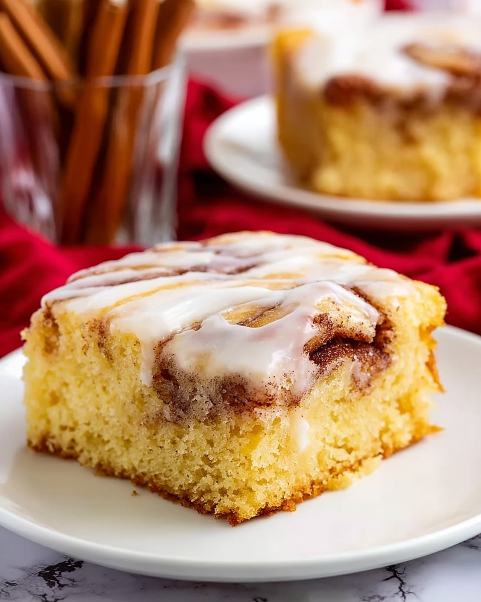 Cinnamon Roll Cake Recipe 5 A white plate holds a batch of golden yellow cinnamon coffee cake slices topped with a smooth, light beige glaze that drips softly down the sides. Each piece has visible layers of cinnamon filling, a darker brown, running through the fluffy yellow cake base. In the foreground, a woman's hand with a turquoise knife is lifting one thick slice, showing its moist texture and cinnamon swirl inside. The whole scene is set on a white marbled surface with a blurred white mug in the background. photo taken with an iphone --ar 4:5 --v 7