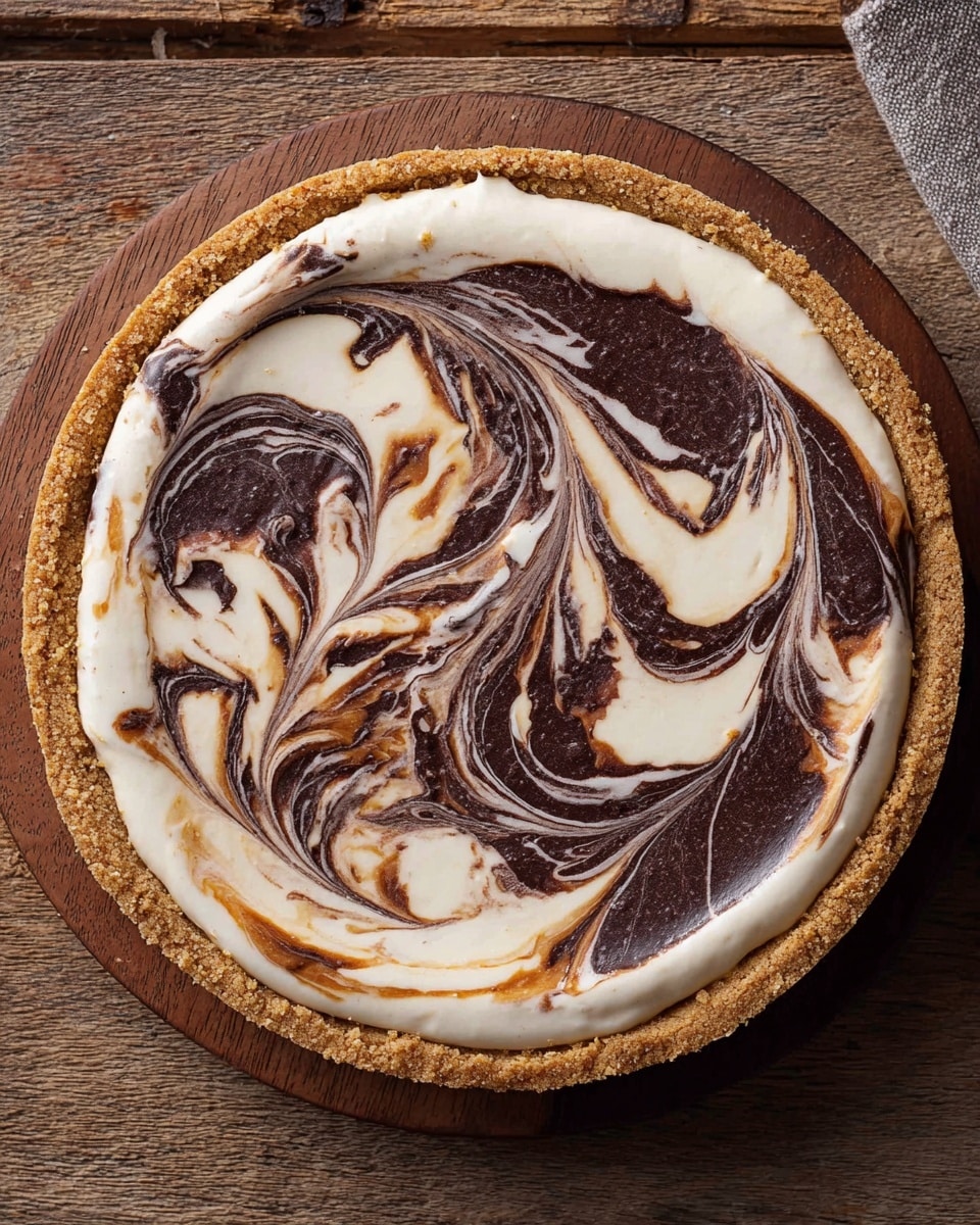 Apple Butter Cheesecake Recipe 6 The image shows a round pie with three visible layers: a light brown crumbly crust at the bottom and sides, a smooth creamy white filling spread evenly within the crust, and dark brown and white swirled toppings creating a marbled effect on the surface. The swirls form curved, wavy shapes spreading from the center to the edges with a mix of shiny dark brown and matte white areas. The pie rests on a wooden table with a rustic texture, enhancing the pie’s warm and homey appearance. Photo taken with an iphone --ar 4:5 --v 7