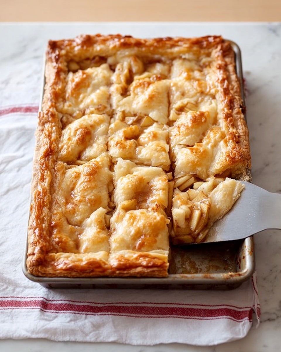 Apple Slab Pie Recipe 6 The image shows a rectangular pie baked in a metal pan set on a white marbled surface with a white cloth that has red stripes underneath. The pie has one main layer of golden-brown flaky crust on the sides with three thick rows of soft, light golden pastry on top, creating a slightly uneven surface with visible chunks of cooked apple pieces in light brown color inside. On the right side, a metal spatula is partially under the pie, ready to lift one slice, and the whole scene is lit by natural light giving the pie a warm and inviting look. Photo taken with an iphone --ar 4:5 --v 7