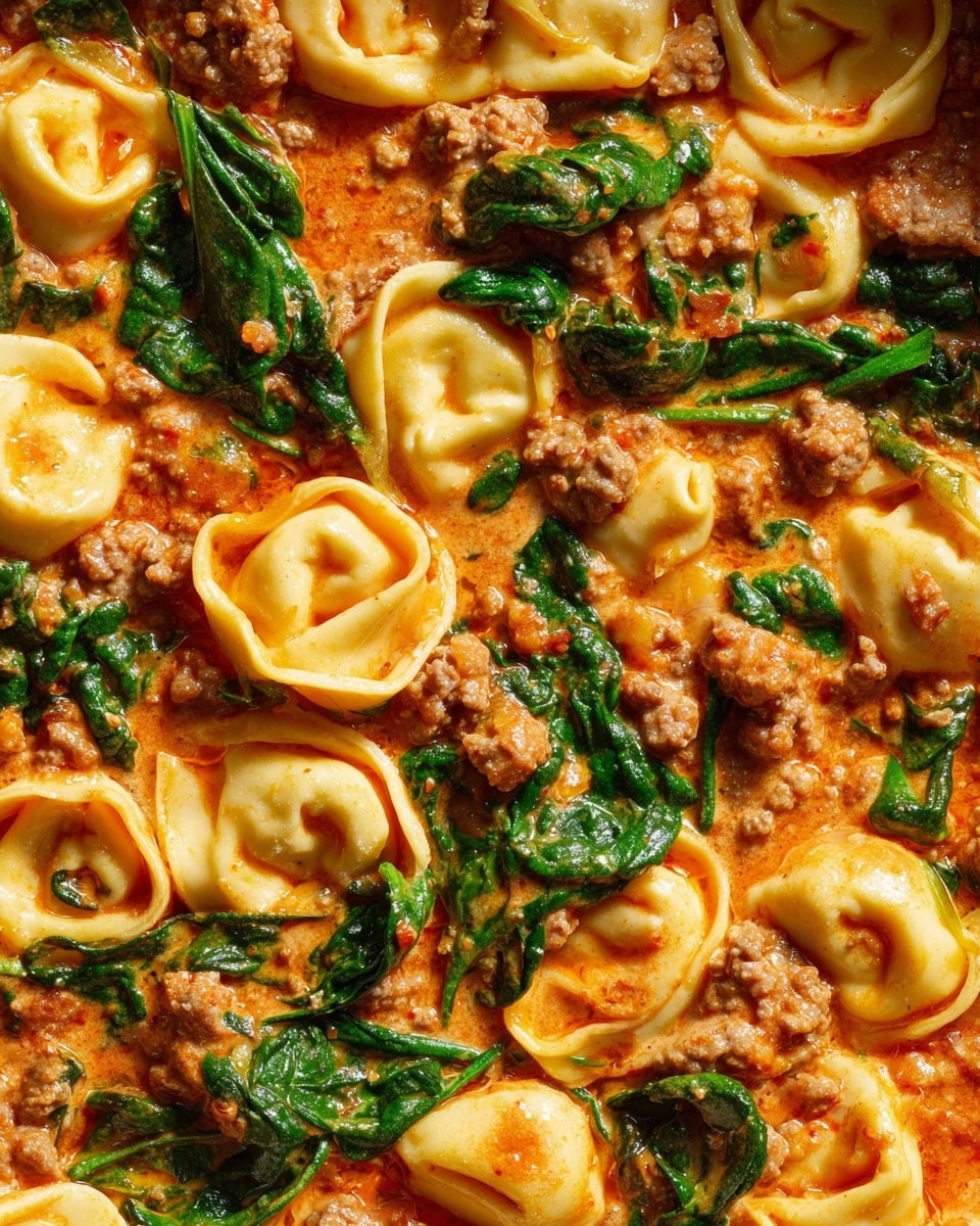 A close-up image of a silver pan filled with three layers of food: the bottom layer has small yellow tortellini pasta with curved edges and slightly ridged texture; the middle layer contains a creamy orange-red tomato sauce mixed with crumbled brown ground meat; the top layer is bright green fresh spinach leaves that look slightly wilted but still vibrant. A silver spoon is lifting a portion containing all three layers with visible sauce droplets and small red tomato pieces. The background surface is white marble. Photo taken with an iphone --ar 4:5 --v 7