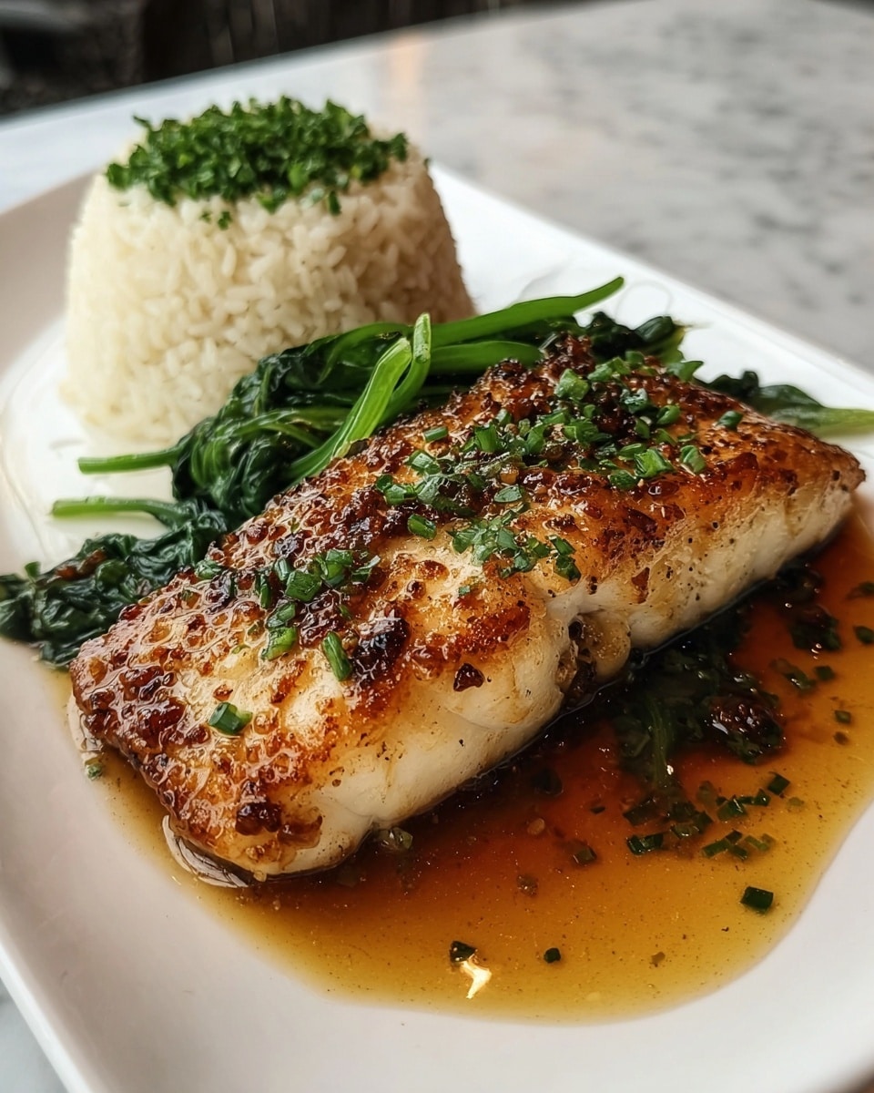 Ginger Soy Glazed Cod Recipe 6 The image shows a thick, white fillet of grilled fish sitting in a rich, reddish-brown sauce with visible spices and herbs, adding texture and color to the base layer. The fish has a golden-brown, slightly charred surface with visible grill marks and pepper seasoning. On top of the fish, two fresh green sprigs of rosemary rest diagonally. Around the fish at the back, there are several bright red cherry tomatoes, some slightly shiny and reflecting light. The dish is served on a white plate, placed on a white marbled textured surface. photo taken with an iphone --ar 4:5 --v 7