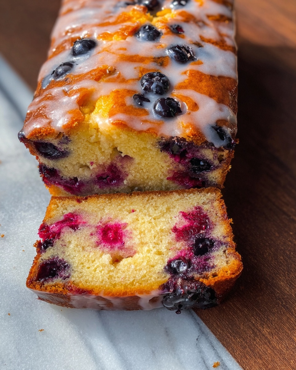 The image shows a thick slice of blueberry loaf cake resting on a white marbled surface. The top layer is golden brown with a shiny glaze drizzled unevenly across, highlighting the dark blue and purple blueberries embedded slightly into the surface. The inside layer is moist, light yellow, and speckled with a mix of whole and burst blueberries that create purple and red spots. The cake’s texture looks soft and airy with a slightly crumbly edge. The slice is placed partly on a wooden cutting board, giving a contrast between the dark wood and the cake. Photo taken with an iphone --ar 4:5 --v 7