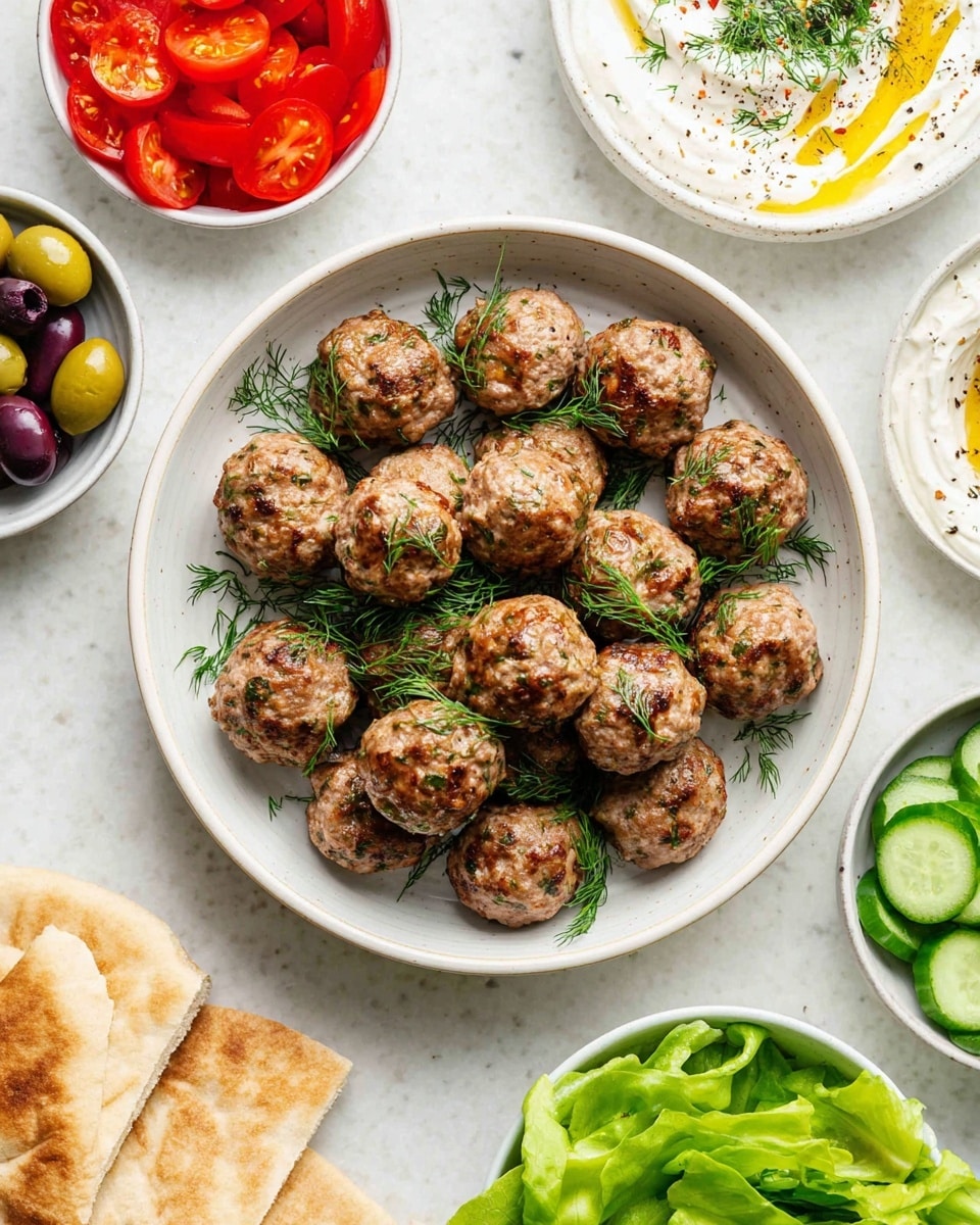 Greek Meatballs with Tzatziki Sauce Recipe 5 Two white bowls each hold a colorful Greek-inspired salad with three layers: a base of chopped green lettuce, a middle layer of sliced red tomatoes, green cucumber, and green bell pepper strips, and a top layer with five browned meatballs garnished with fresh dill, crumbled white feta cheese, and a dollop of white tzatziki sauce with olive oil and herbs. A third white bowl contains extra meatballs with dill, placed next to a pale bowl filled with white tzatziki sauce topped with olive oil and dill, and a silver spoon inside. Pieces of torn pita bread rest beside the bowls on a white marbled surface, along with a blue and white striped cloth. The scene is bright and fresh. photo taken with an iphone --ar 4:5 --v 7