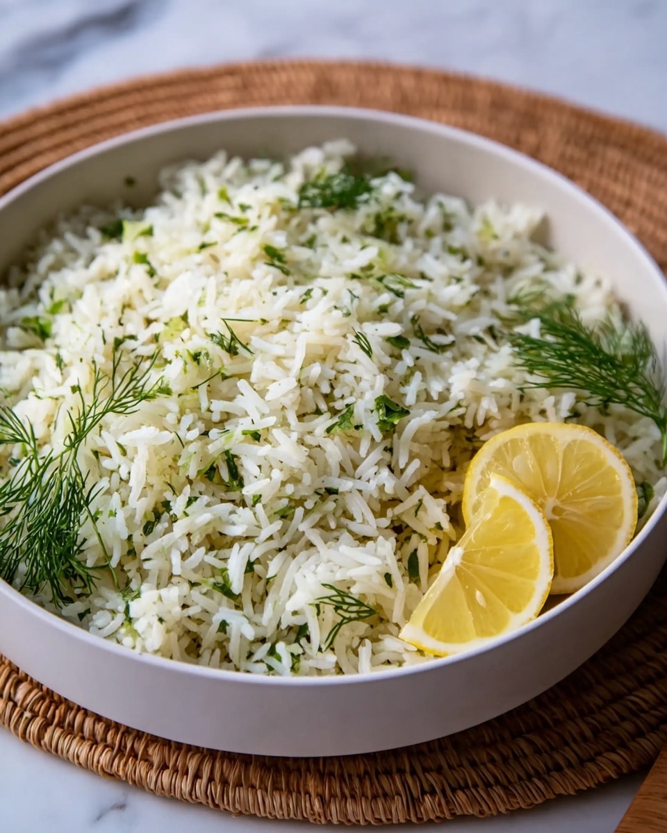 Greek Lemon Dill Rice Recipe 5 The image shows a close-up view of one layer of cooked white rice mixed with small pieces of chopped green herbs and tiny bits of yellow zest spread evenly throughout. The rice grains look fluffy and separate, with some herbs resting on top adding a slight leafy texture and color contrast. A silver spoon is partially dipped into the rice on the right side, resting inside a white bowl with subtle texture. The background is a white marbled surface. photo taken with an iphone --ar 4:5 --v 7