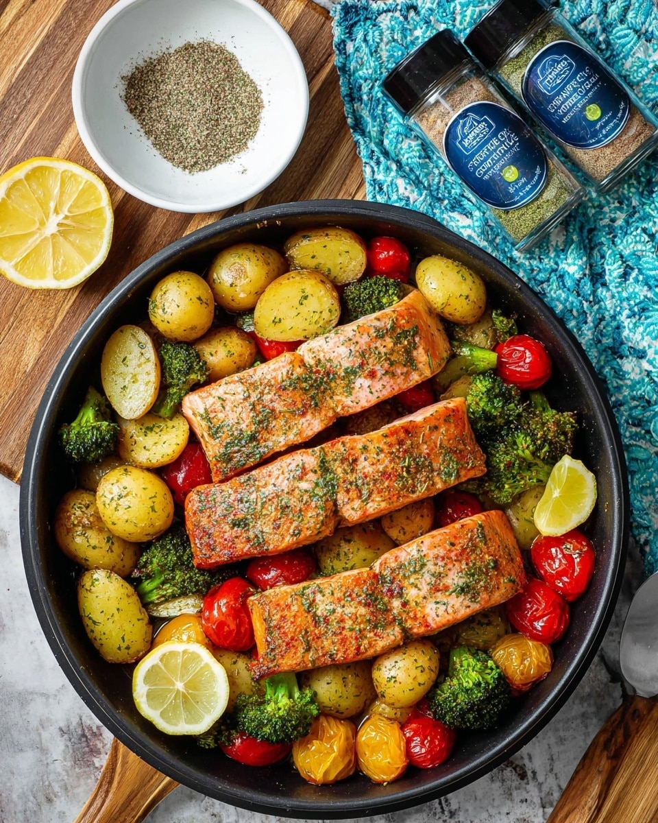 Za’atar Garlic Salmon Recipe 5 The image shows several pieces of cooked salmon fillets with a light orange color, seasoned with black pepper and herbs. Around the salmon, there are small round potatoes in yellow, red, and light brown colors, some with a slightly shiny surface. Bright green broccoli florets are scattered among the potatoes, adding a fresh look. There are also roasted tomatoes in red and yellow, with wrinkled skins and a shiny texture. Two lemon halves, pale yellow with visible segments, are placed near the bottom of the image. Everything rests on a faintly visible cooking pan surface with some oil and seasonings that add a glossy finish. The overall scene is bright and colorful. photo taken with an iphone --ar 4:5 --v 7