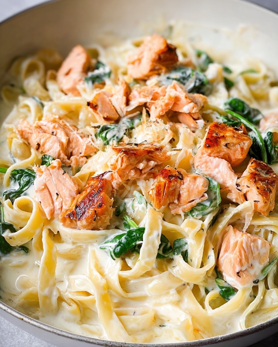 Salmon Pasta with Mixed Greens Recipe 6 A white bowl filled with creamy fettuccine pasta mixed with chunks of light orange salmon pieces. The pasta is coated with a smooth white sauce and sprinkled with small green herb leaves on top. A silver fork with a wooden handle is placed inside the bowl, catching some pasta and salmon. The bowl is set on a white marbled surface, and in the background, a half-cut lemon and some scattered green herbs can be seen. photo taken with an iphone --ar 4:5 --v 7