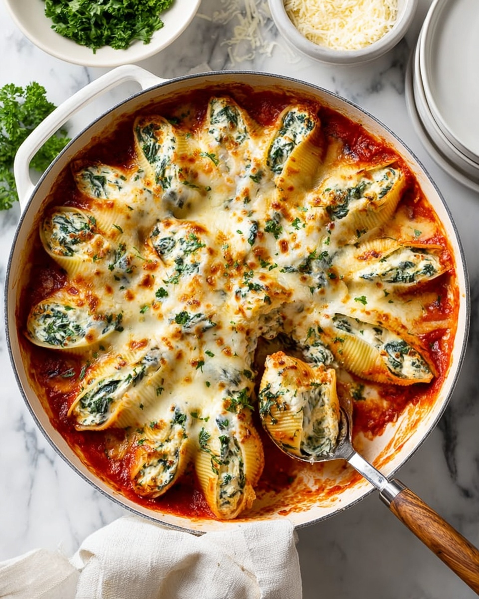Cheesy Spinach Stuffed Shells with Marinara Recipe 5 A round white pan filled with a baked dish of stuffed pasta shells arranged in a circle, each shell filled with green leafy spinach and white cheese, covered with melted golden and white cheese on top, sitting in a layer of bright red tomato sauce beneath the shells, showing a creamy texture inside the pasta. A metal serving spoon with a wooden handle is lifting some of the shells on the right side, and the pan rests on a white marbled surface, next to a white cloth and green parsley. A small white bowl with grated cheese and stacked white plates are visible in the background photo taken with an iphone --ar 4:5 --v 7