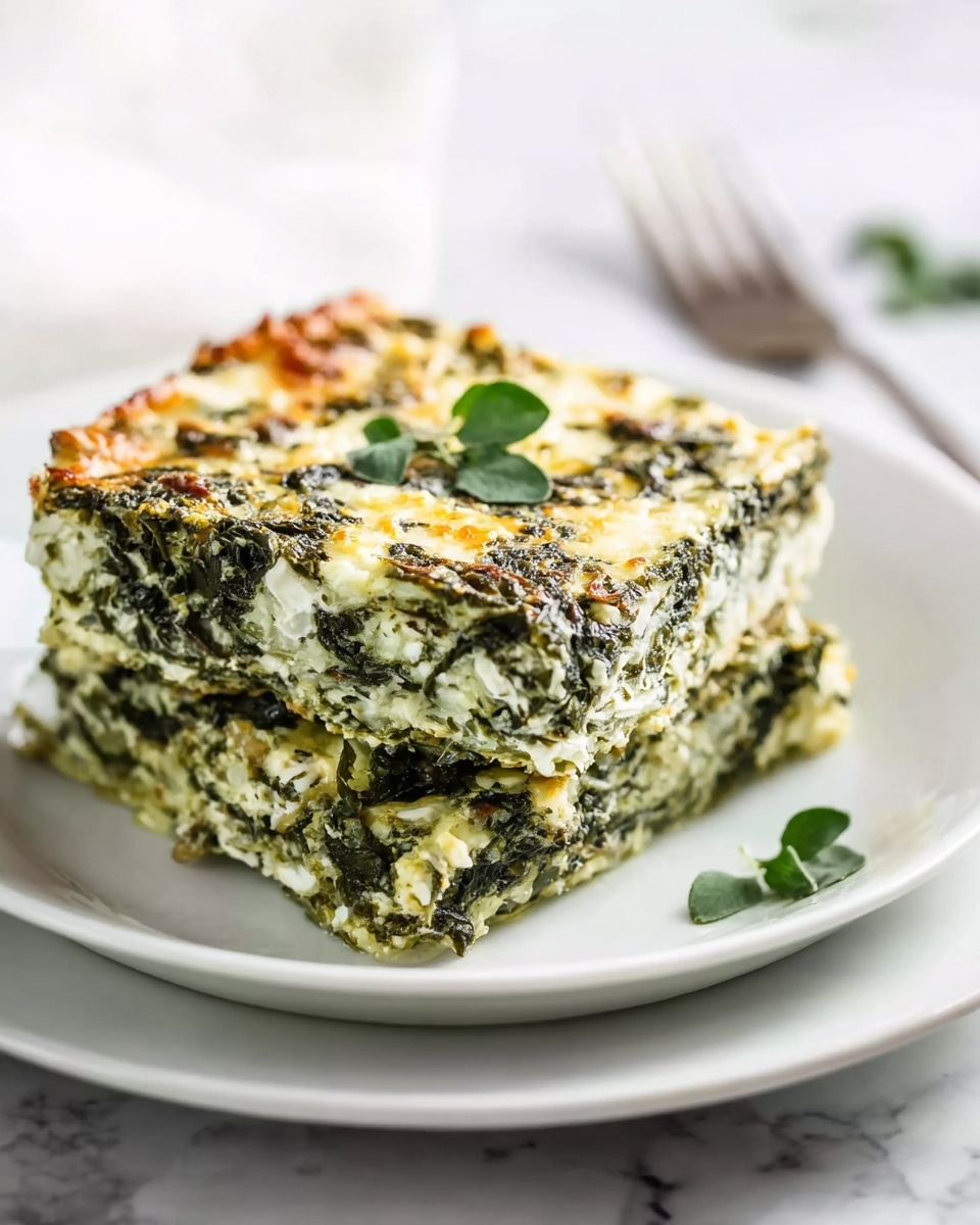 Spinach Casserole with Feta and Parmesan Recipe 5 A white rectangular baking dish filled with a spinach casserole that has a top layer of wilted, dark green spinach mixed with melted white cheese chunks scattered throughout, giving a creamy texture with hints of golden brown spots from baking. Fresh green herb sprigs are placed on top as garnish. The dish sits on a light wooden board, with a white marbled surface underneath. To the side, a silver fork and knife rest next to some small green herb leaves, and a white cloth with red patterns is folded nearby. A white cup with a light beige drink is partly visible in the top right corner. photo taken with an iphone --ar 4:5 --v 7