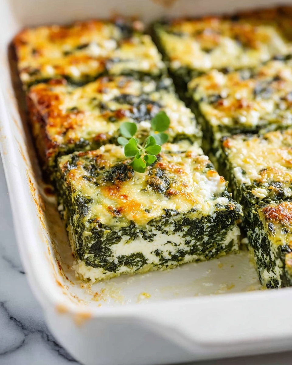 Spinach Casserole with Feta and Parmesan Recipe 6 The image shows a white rectangular baking dish with a spinach and cheese casserole inside. The casserole is cut into square pieces, exposing three layers: a bottom layer of white creamy cheese, a thick middle layer of cooked, dark green spinach mixed with cheese, and a top layer of slightly browned spinach and melted cheese, giving a textured green and golden look. There is a small green herb garnish on the top center of the casserole. The baking dish sits on a white marbled surface, and the edges of the dish show some baked cheese residue. Photo taken with an iphone --ar 4:5 --v 7