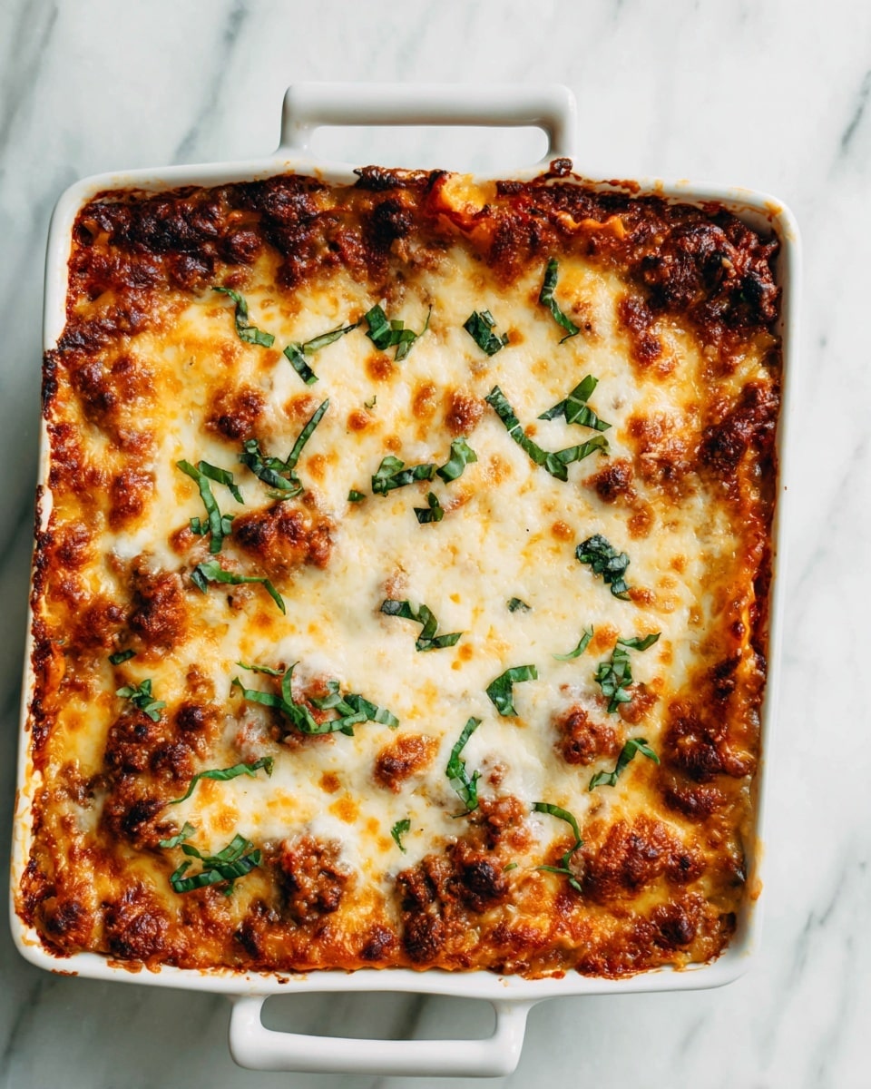 The image shows a white square baking dish with two handles, filled with a baked lasagna. The top layer is melted cheese that is golden brown with some darker spots and bubbly texture. There are small pieces of chopped dark green basil leaves scattered on top. Underneath the cheese, you can see a thick sauce made of red tomatoes mixed with browned bits, likely from cooked meat or vegetables, giving the dish a rich, hearty look. The white marbled surface under the dish adds a clean, bright background. photo taken with an iphone --ar 4:5 --v 7