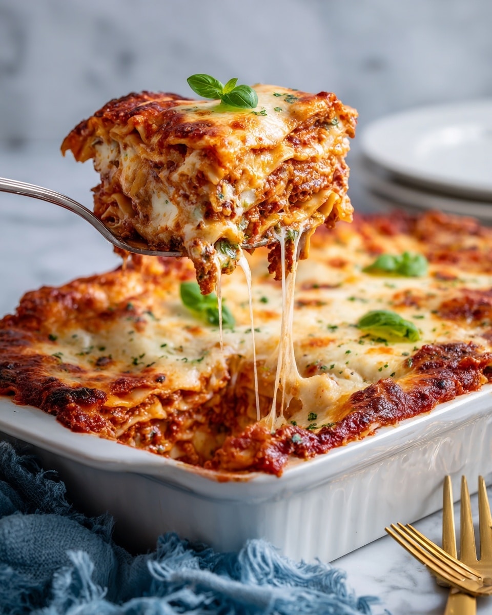 A slice of lasagna sits in the center of a white plate, showing about four visible layers: a bottom layer of light pasta, a second layer of red tomato sauce mixed with greens, a third layer of creamy white cheese, and a top golden-brown melted cheese layer with two green basil leaves as garnish. The slice looks soft and slightly messy around the edges with sauce seeping out. A gold fork rests on the right side of the plate over a crumpled blue cloth, and in the background, a white baking dish full of lasagna is partially visible on a white marbled surface. photo taken with an iphone --ar 4:5 --v 7