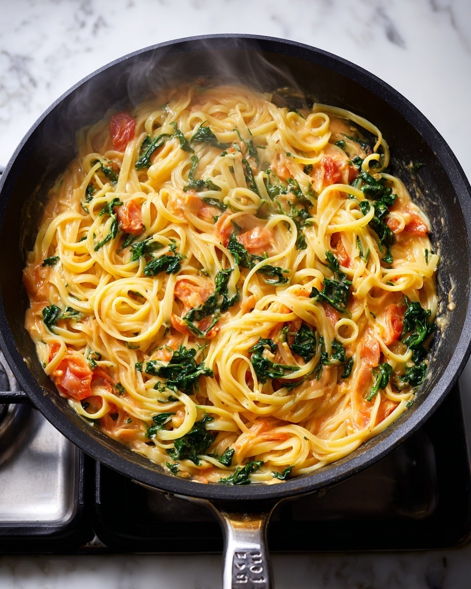 A black pan holds a creamy pasta dish with three main layers: yellow-orange noodles looped in thick strands, pieces of bright green spinach scattered throughout, and chunks of red tomatoes mixed evenly inside. The sauce is smooth and light orange, lightly covering the noodles and vegetables. Steam rises gently from the pan, sitting on a black stovetop with circular burners faintly visible. The pan's handle, black with a silver label, extends to the lower right corner. The background is a white marbled surface. photo taken with an iphone --ar 4:5 --v 7